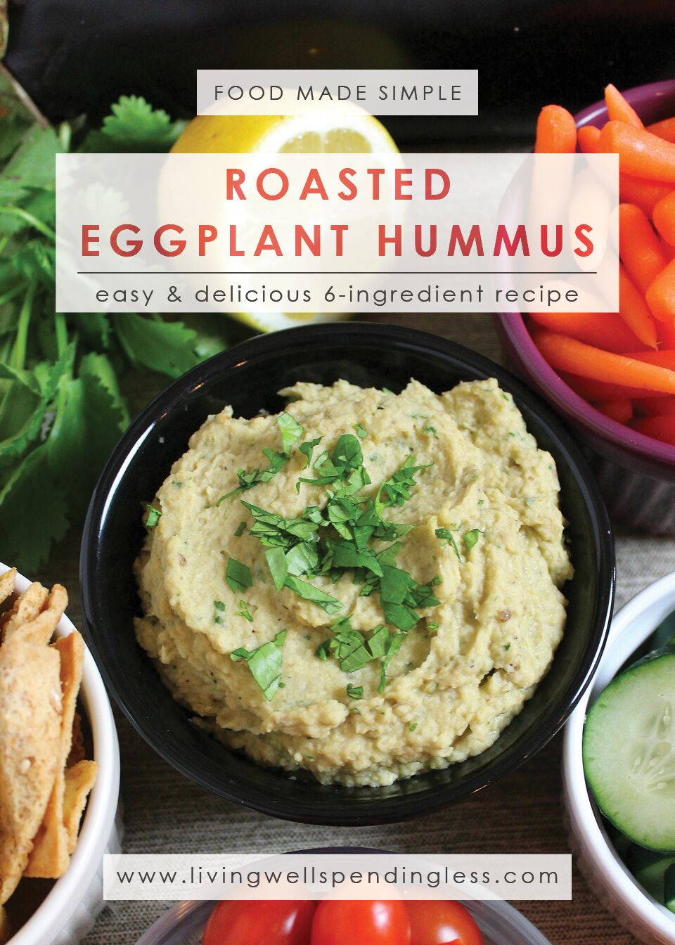Craving a taste of the Mediterranean? This Roasted Eggplant Hummus is absolutely delicious and super easy to make (not to mention packed with healthy protein!) With just 6 ingredients and in about an hour you have a tasty side dish or appetizer that everyone will love!
Roasted Eggplant Hummus | Homemade Hummus | Easy Hummus Recipe | 6 Ingredient Hummus | Food Made Simple