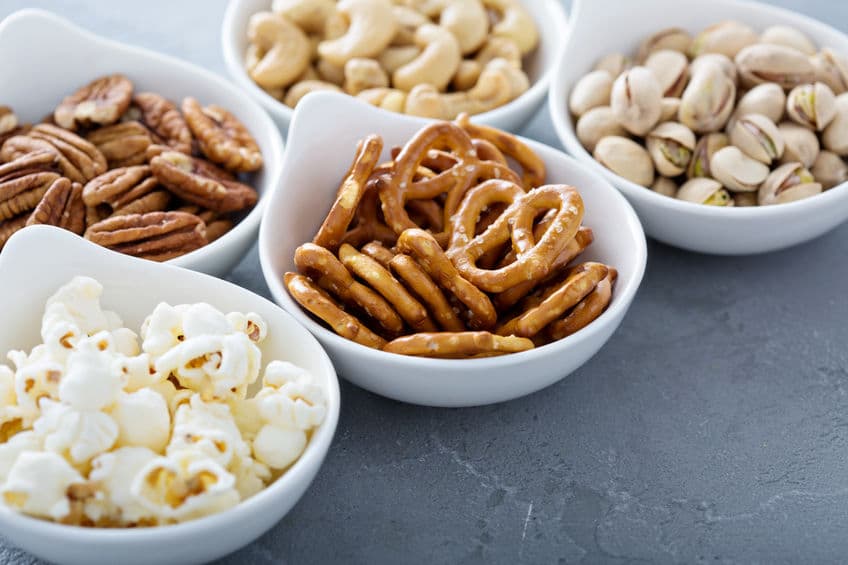 Healthy snacks like popcorn, pretzels, and various nuts are great grab and go snacks to have on-hand