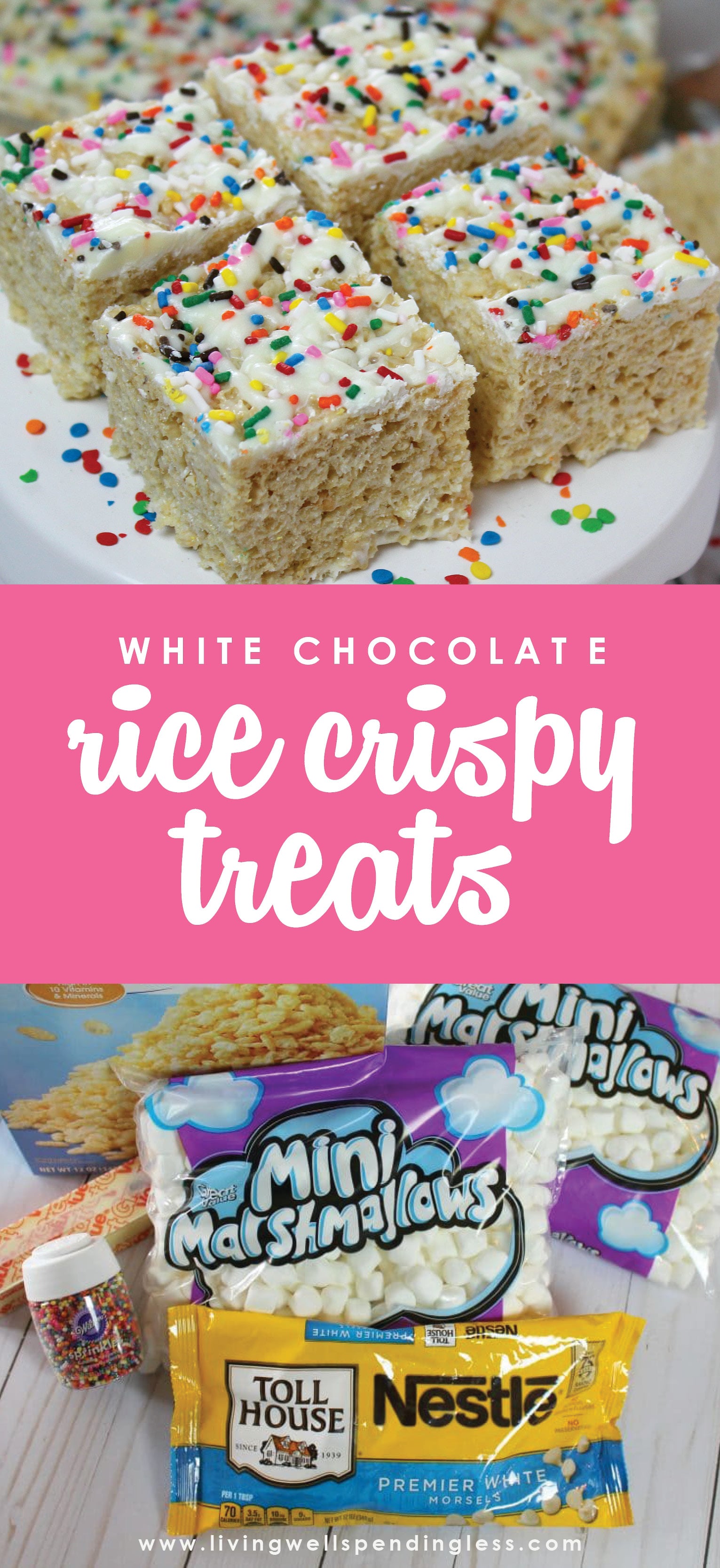 Got 20 minutes? Satisfy your sweet tooth fast with these unbelievably yummy white chocolate rice crispy treats! They are so good it is almost hard to believe that take only 4 ingredients!
White Chocolate Rice Crispy Treats | Rice Crispy Recipe | White Chocolate Recipe | Snack Ideas | Dessert Ideas | Simple Rice Crispy Treats Recipe | Marshmallow Dessert