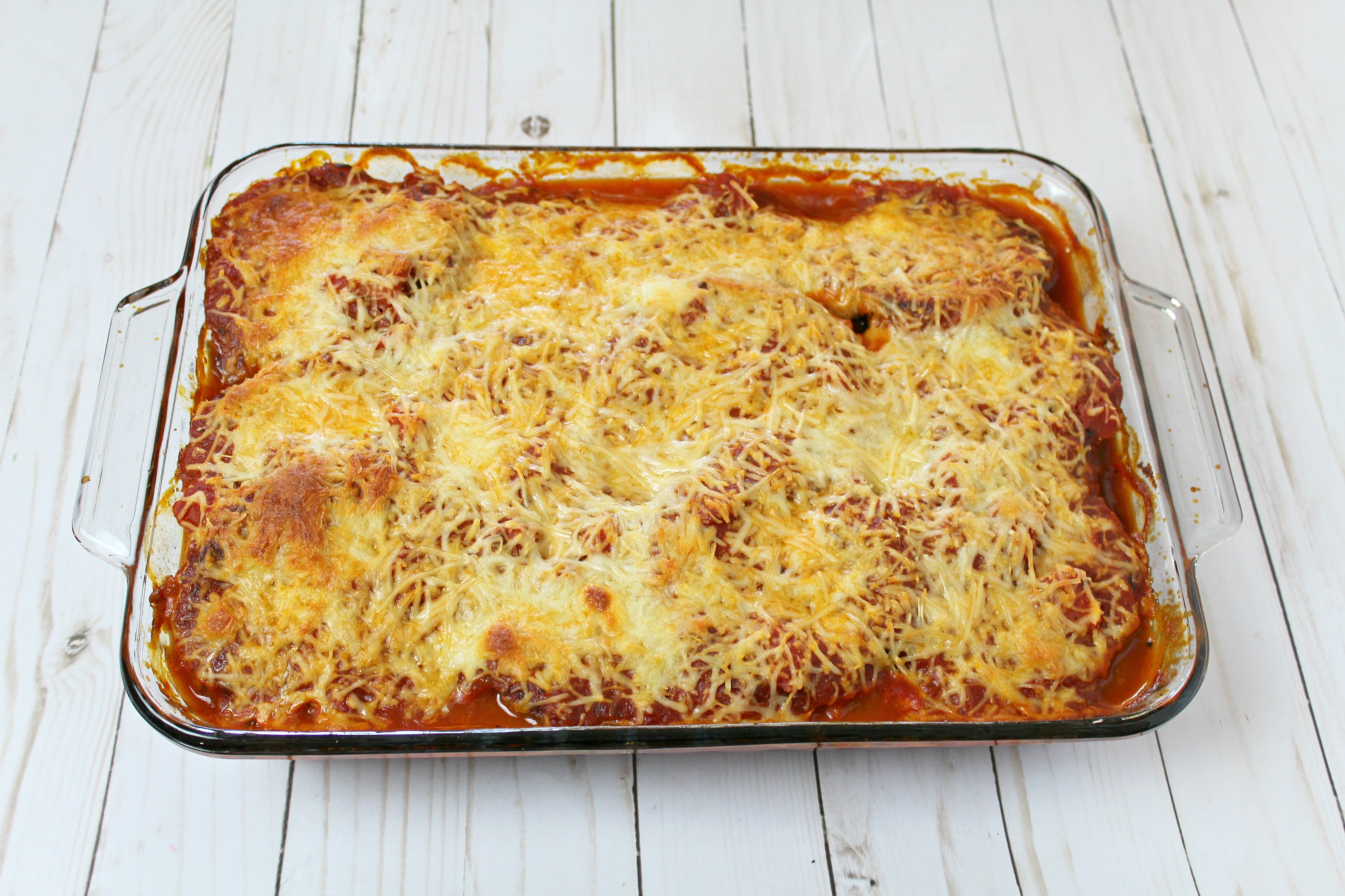 Bake eggplant Parmesan until mixture is bubbly and cheese is golden brown.