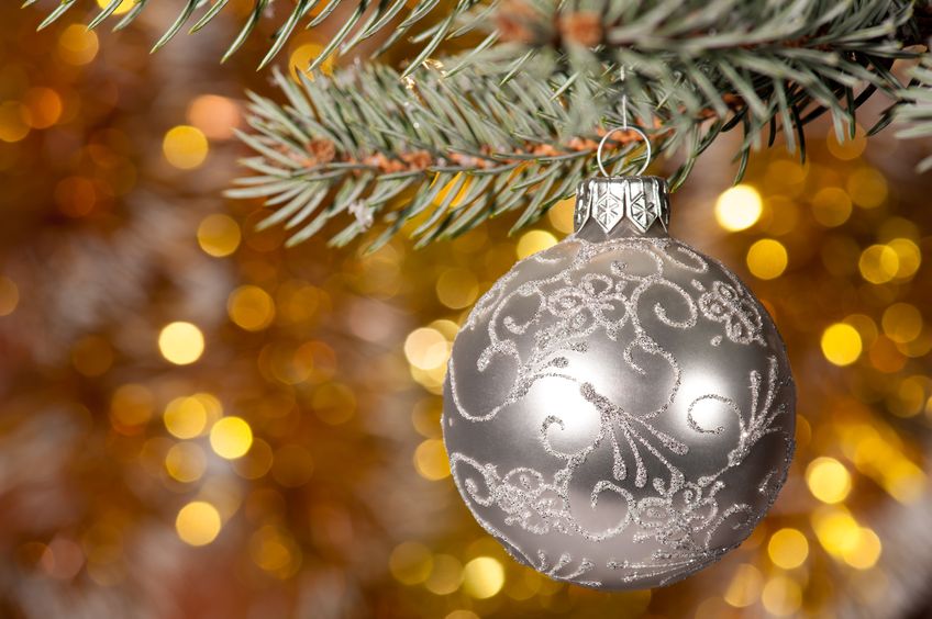 Christmas trees around the holiday season decorated with ornaments and lights. 