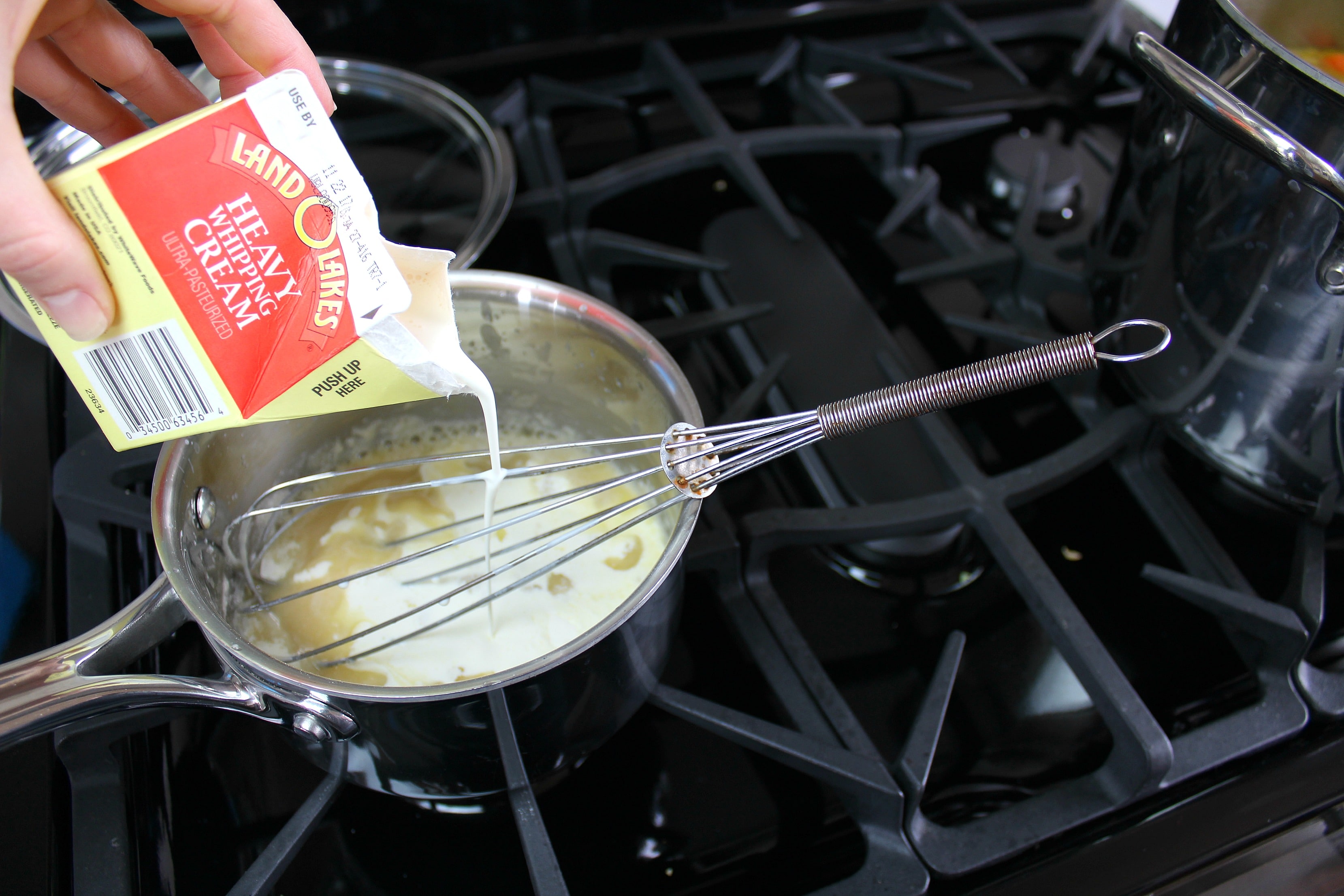 Add butter, flour, and heavy cream to a sauce pan and whisk until thick.