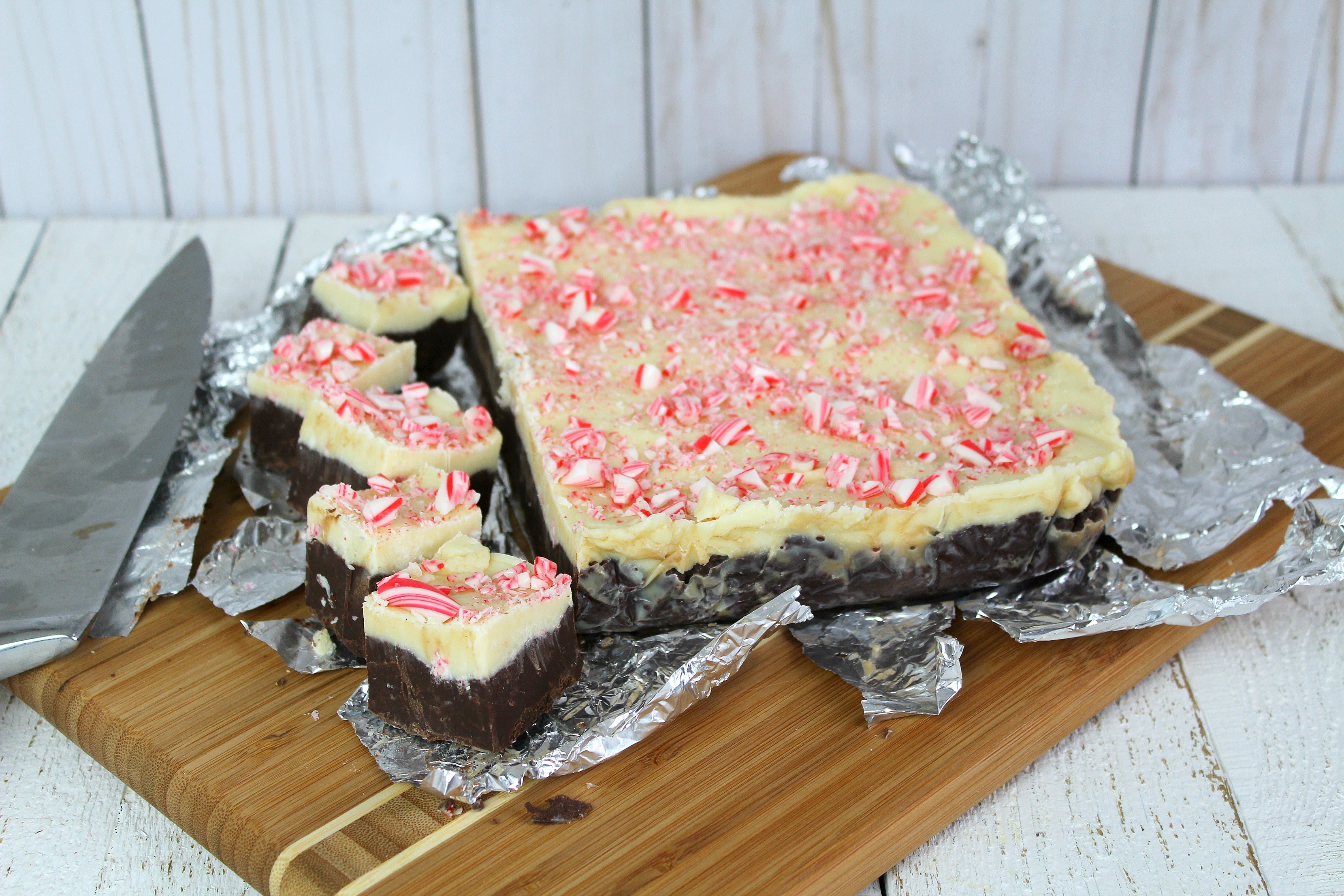 The last step of this Easy Peppermint Bark Fudge is to cool in the refrigerator, cut, and enjoy!