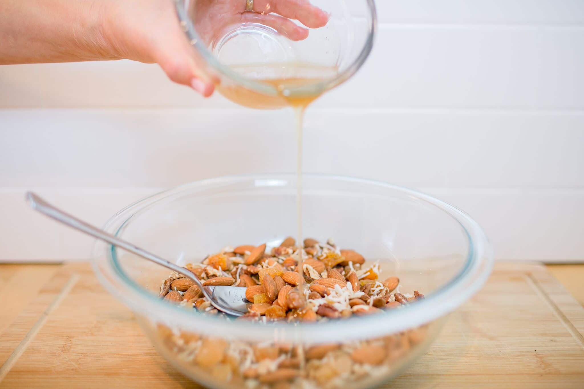 Pour the honey into the mixture after microwaving for a few seconds