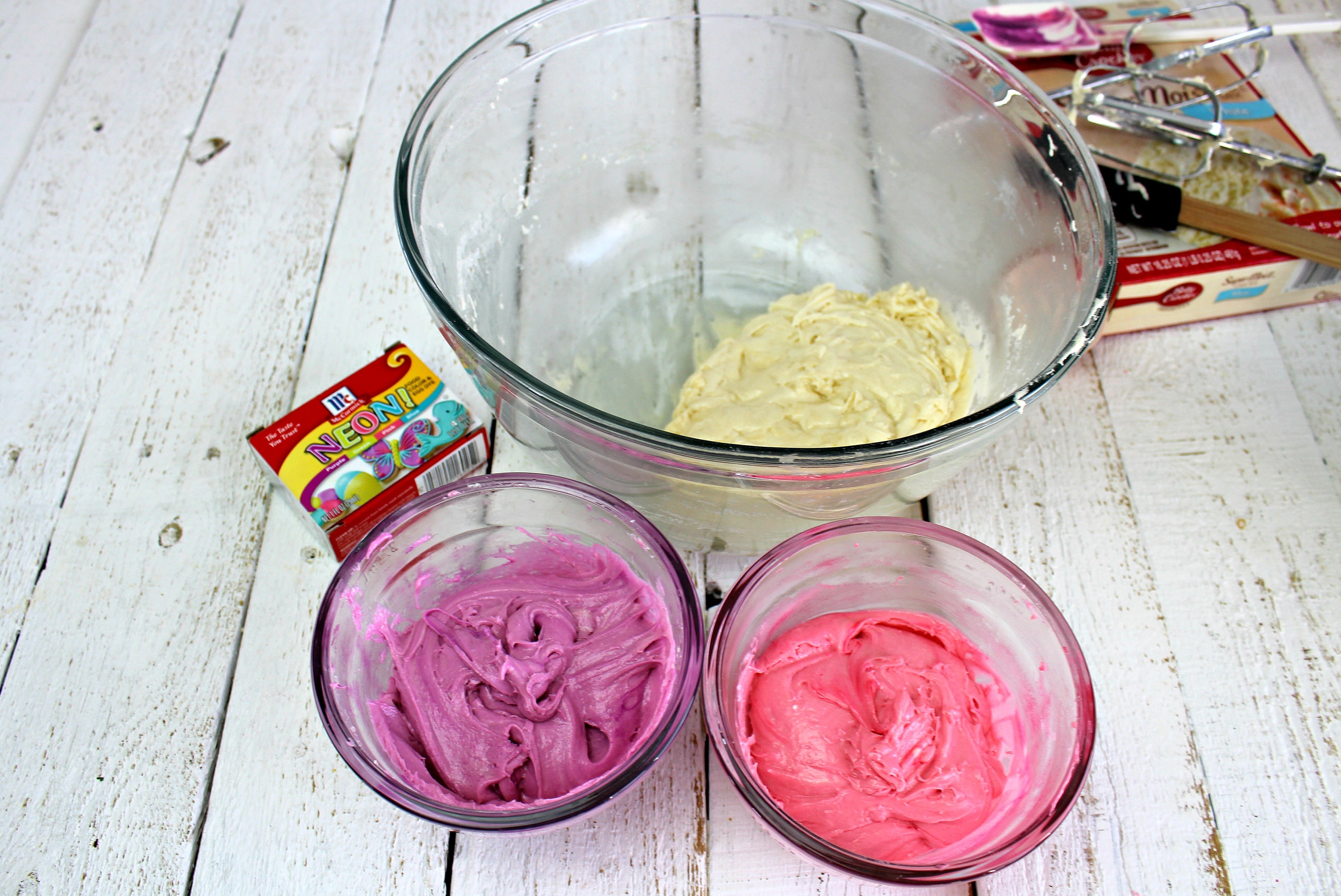 Divide the batter evenly between 3 bowls and add food coloring to each. 