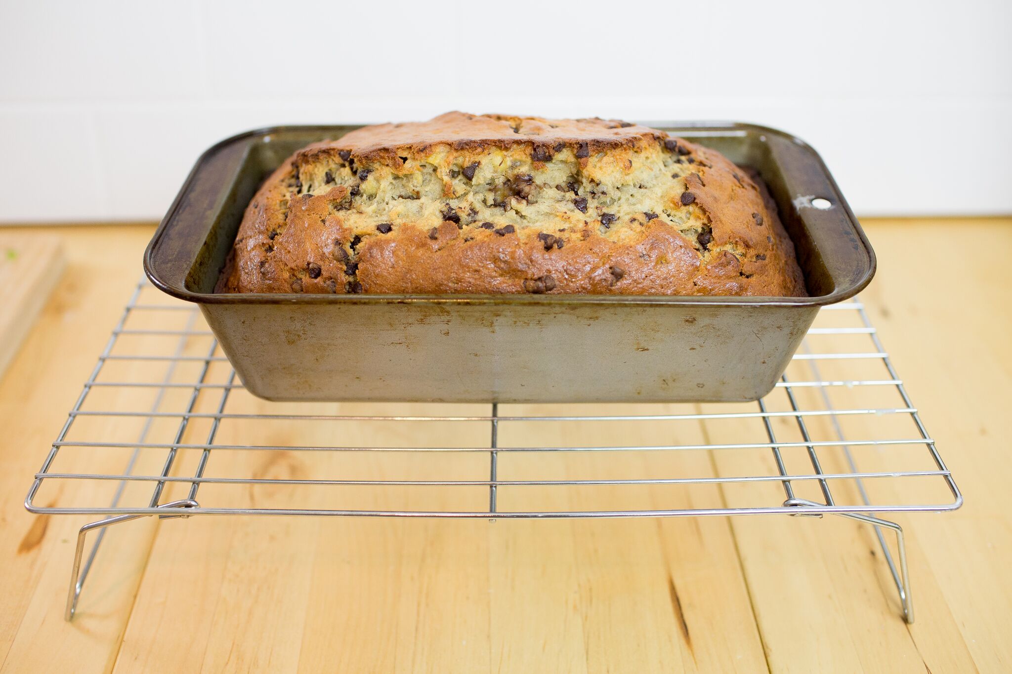 Allow the chocolate chip banana bread to cool on a wire rack