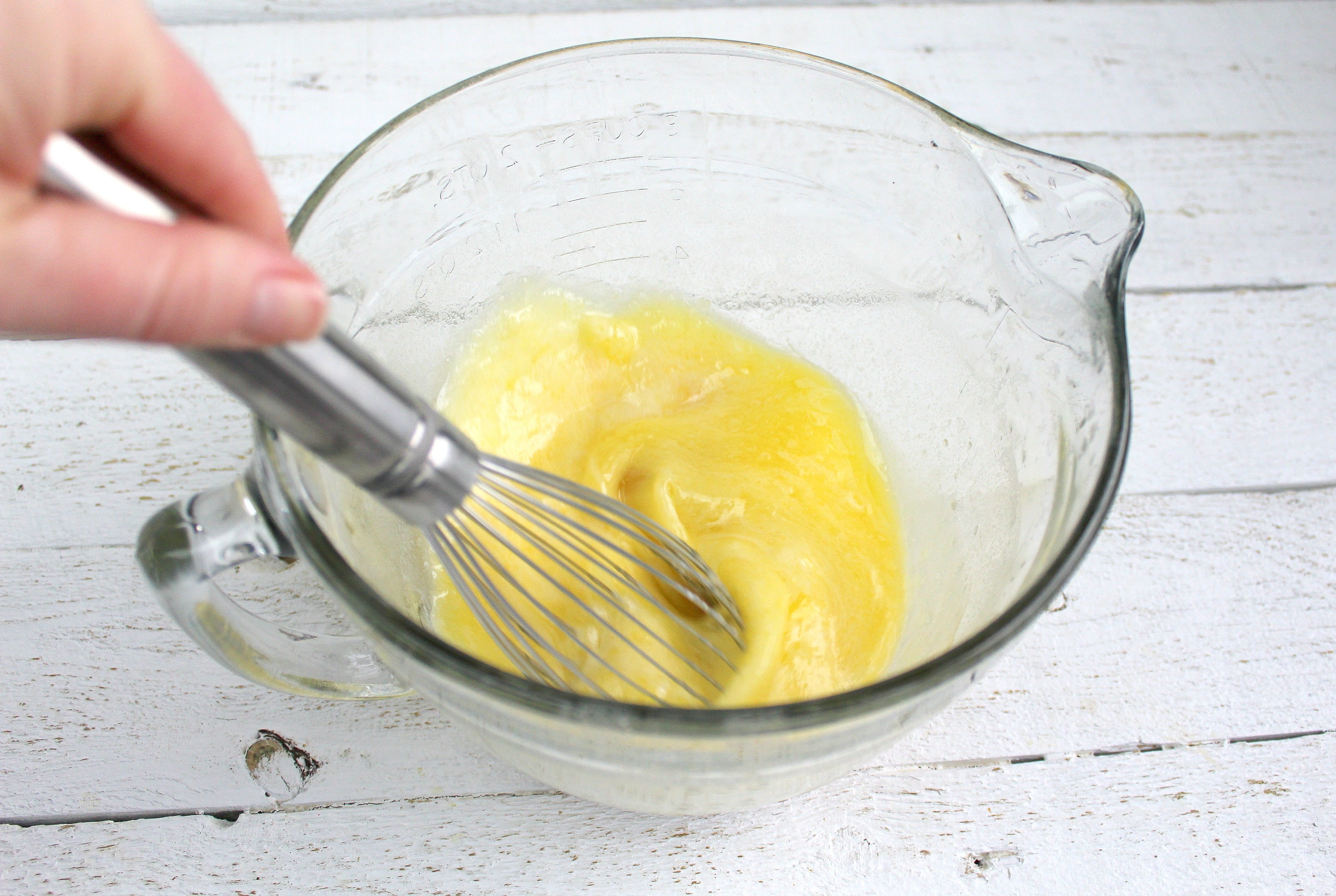 Whisk butter, milk and eggs together