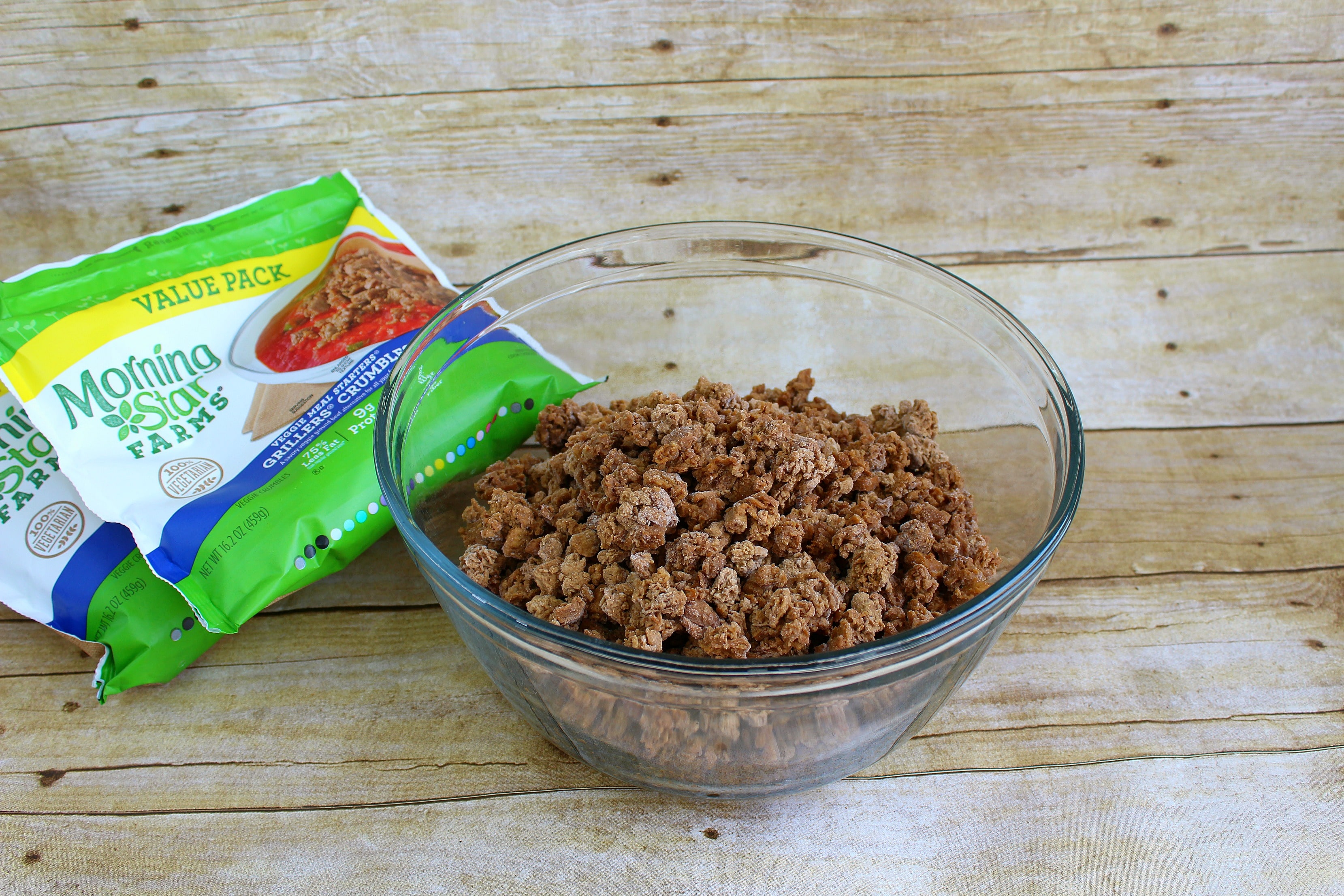 Start with Morning Start vegetarian protein crumbles.