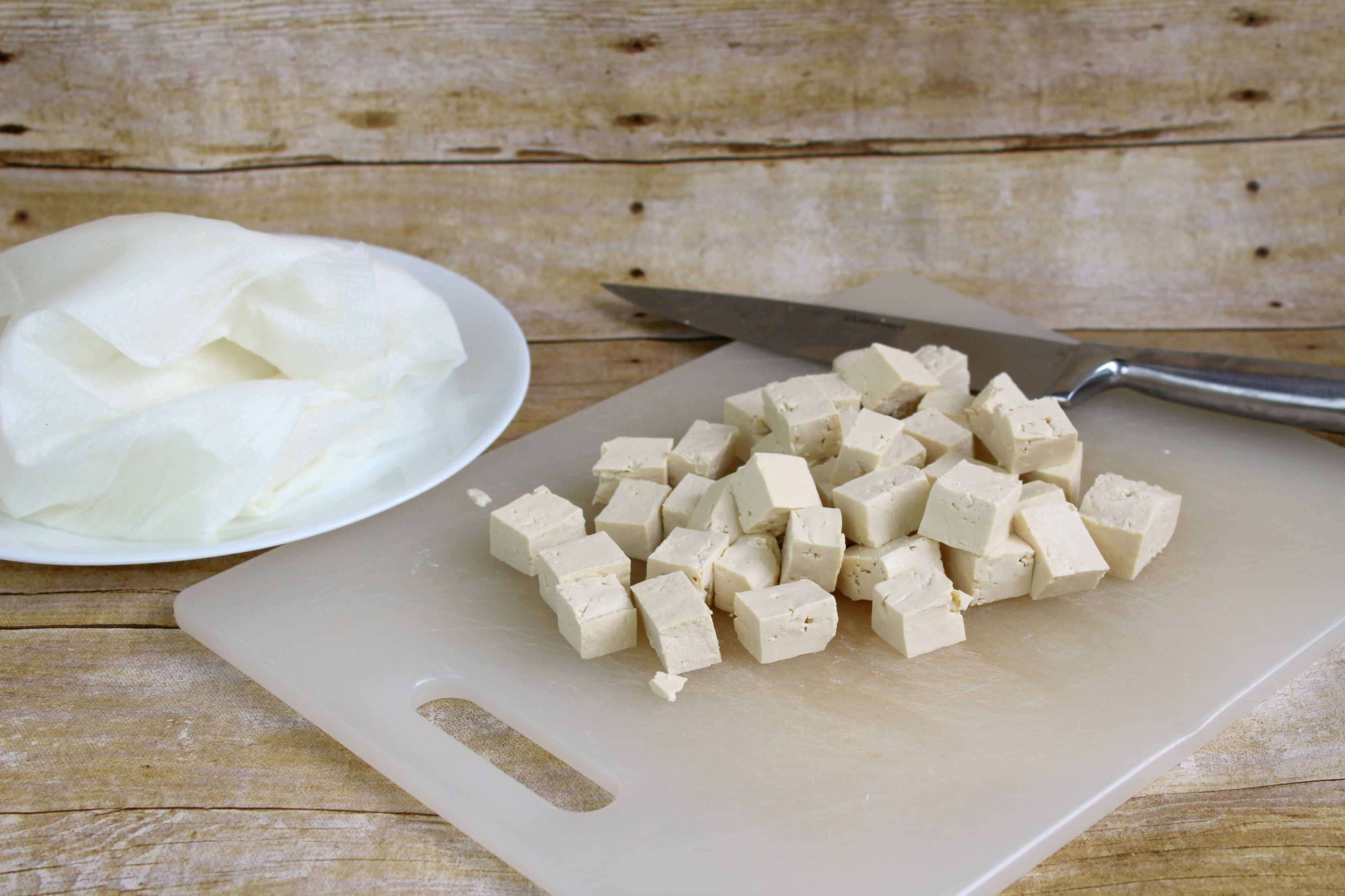 Cut tofu into cubes. 