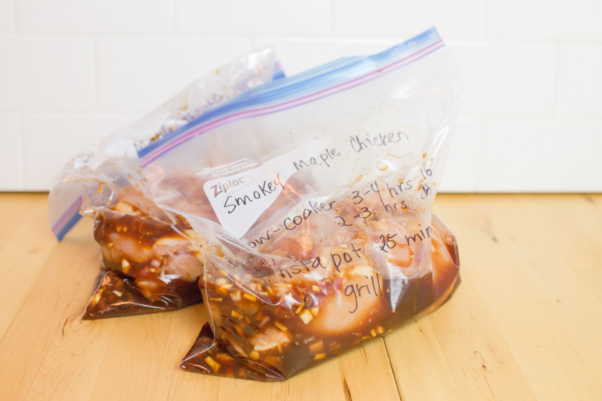 Divide chicken and marinade into two separate freezer bags and label with cooking directions. 