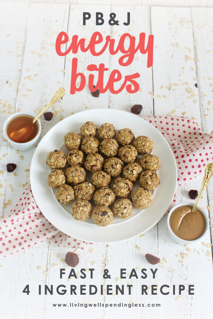 Need a healthy way of keeping your energy up all day long? These ridiculously easy PB&J Energy Bites pack a powerful punch, and with just four simple ingredients, they come together fast! Perfect for popping in your purse or your kids' lunch bags, these Energy Bites are just the thing to keep you going strong! #livingwellspendingless #foodmadesimple #recipes #backtoschool #nutfree #peanutbutteralternatives