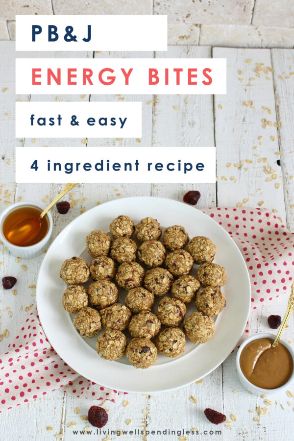 Need a healthy way of keeping your energy up all day long? These ridiculously easy PB&J Energy Bites pack a powerful punch, and with just four simple ingredients, they come together fast! Perfect for popping in your purse or your kids' lunch bags, these Energy Bites are just the thing to keep you going strong! #livingwellspendingless #foodmadesimple #recipes #backtoschool #nutfree #peanutbutteralternatives