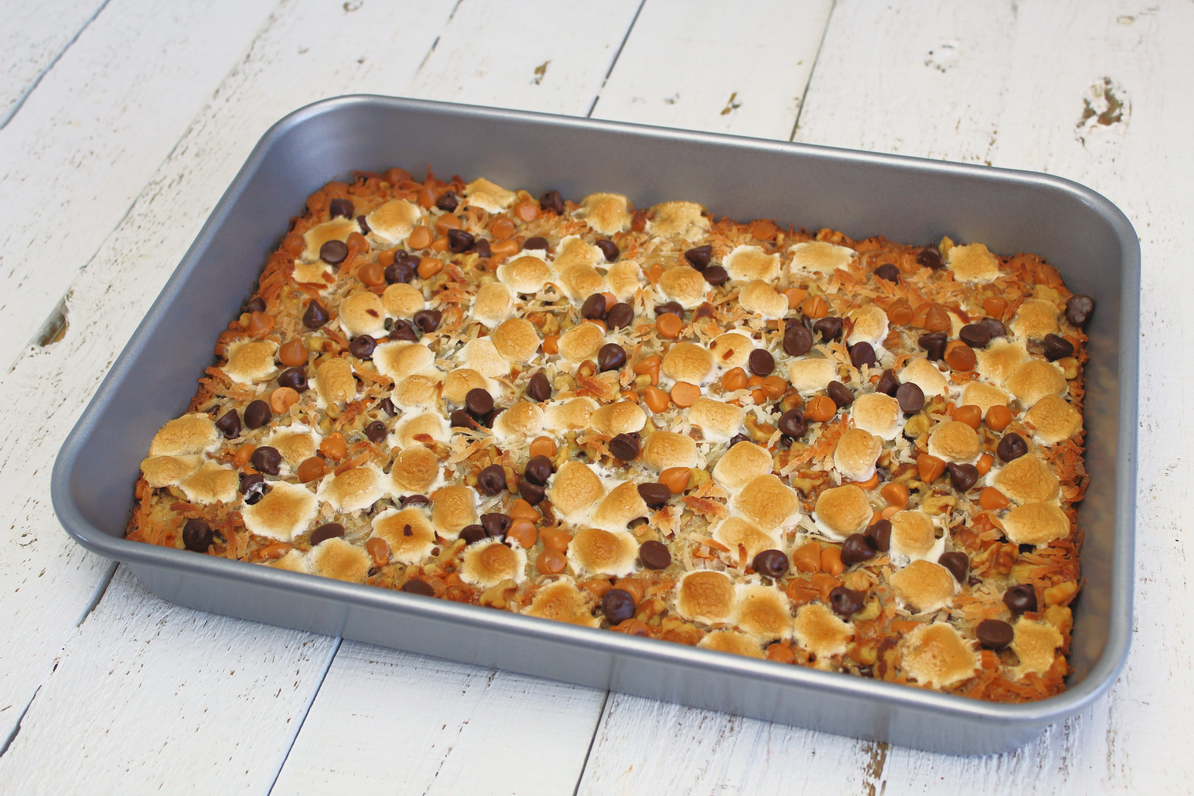 Bake until coconut and marshmallows are toasty and chocolate chips are melted.