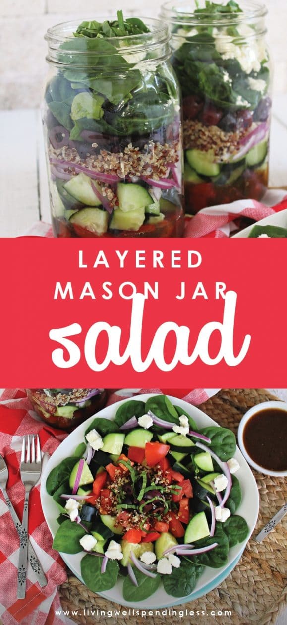 Looking for healthier lunch options that you can make ahead of time? These Mason Jar Salads are easy to assemble and will last you all week!