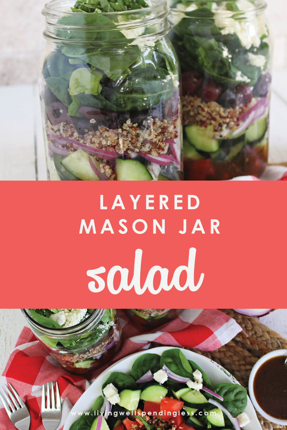 Looking for healthier lunch options that you can make ahead of time? These Mason Jar Salads are easy to assemble and will last you all week! #salads #masonjarsalads #greens #healthylunch #packyourlunch #lunchrecipes #saladrecipes #greeksalad