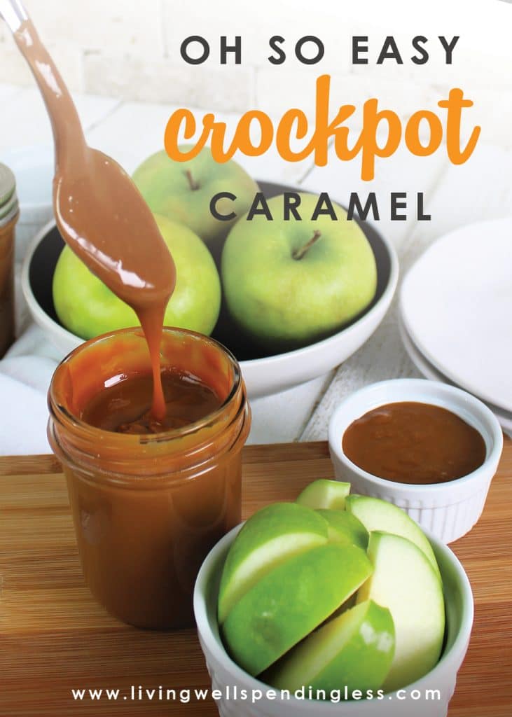 This easy crockpot caramel has just 1 ingredient and is so simple! Enjoy this caramel as a dessert topping, on ice cream, apples, or simply by the spoonful!