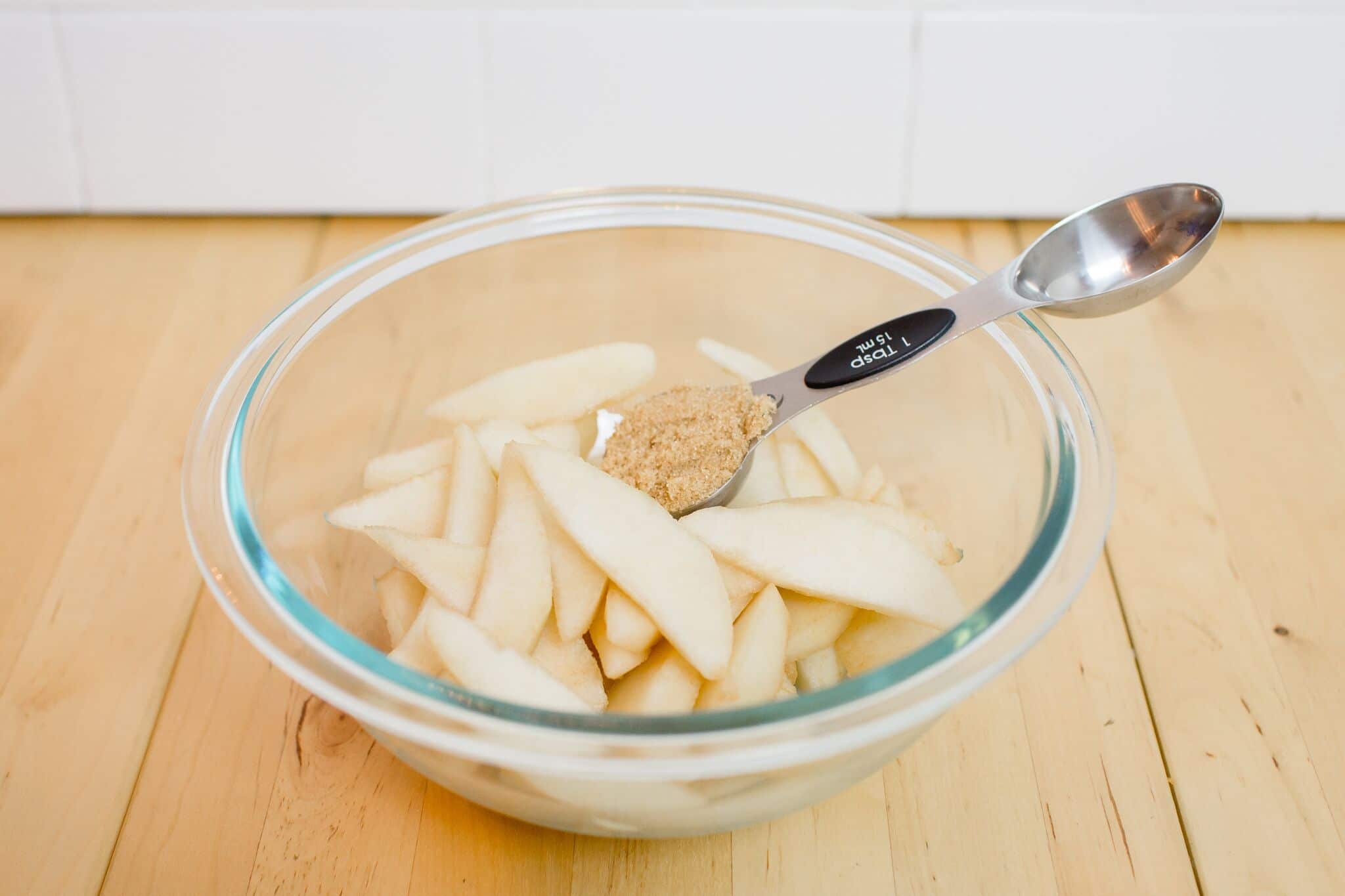 Step 1- slice pears and brown sugar.