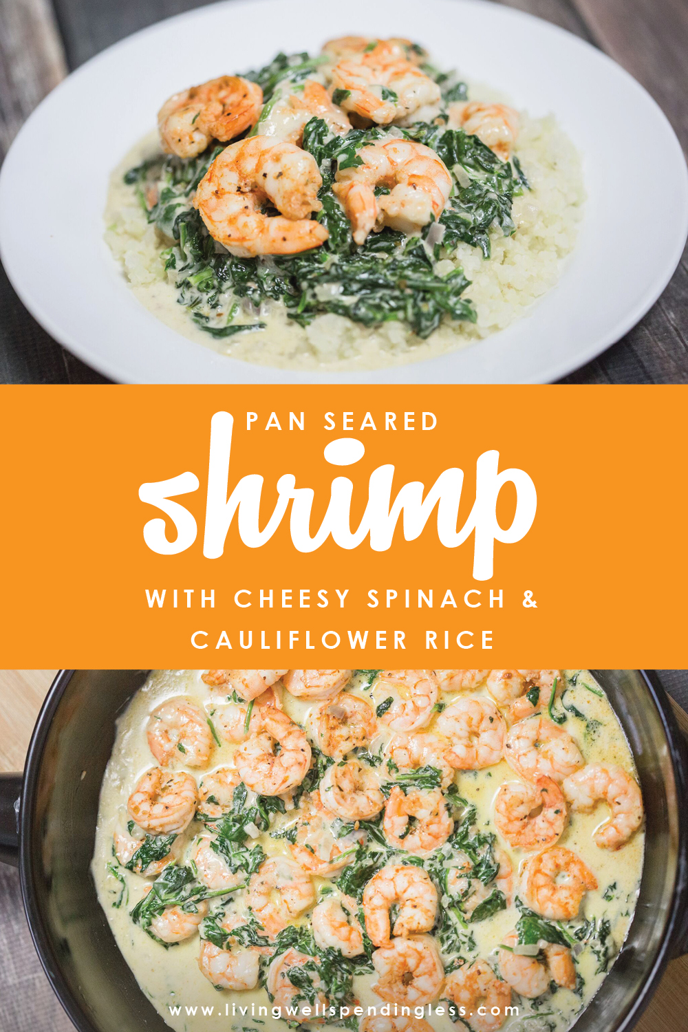 Looking for a keto-friendly recipe, but sick of the same old bunless burgers and breakfast for dinner options? This simple pan-seared shrimp with cheesy spinach and cauliflower rice recipe is high fat, low carb, and 100% delicious!