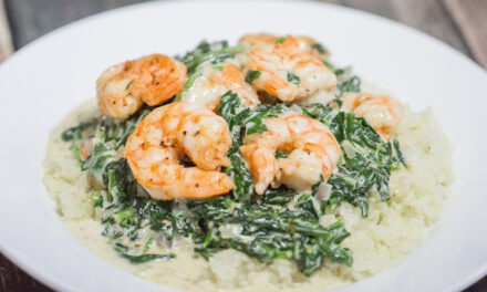 Pan Seared Shrimp with Cheesy Spinach and Cauliflower Rice