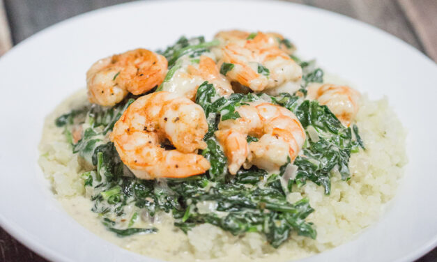 Pan Seared Shrimp with Cheesy Spinach and Cauliflower Rice