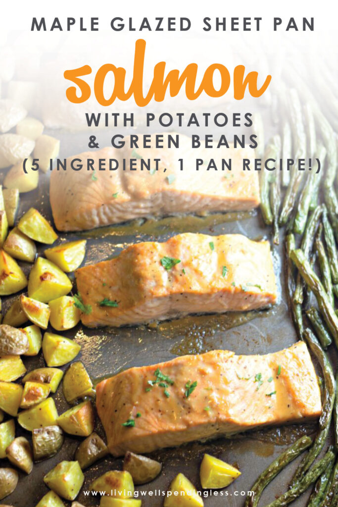 Looking for a quick dinner recipe that uses just 5 ingredients? This Maple Glazed Sheet Pan Salmon with Potatoes and Green Beans is so easy and delicious!