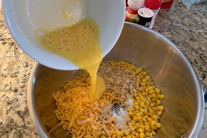 Mix all ingredients together in a large bowl.It's hard to find a side dish that even the pickiest eaters will embrace, but this Creamy Corn Casserole with crushed Ritz Cracker topping definitely does the trick. It's easy, delicious and always a hit--your new holiday go-to recipe! #recipes #cornrecipes #casserolerecipes #kidfriendlyrecipes #easyrecipes #holidayrecipes