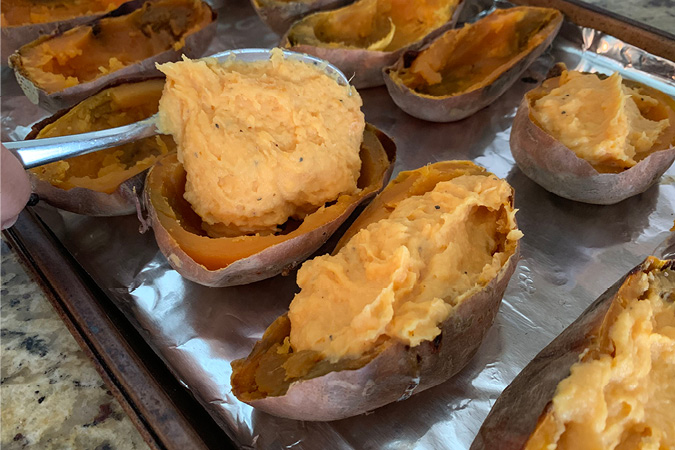 Step 4 carefully fill the 12 potatoe shells with filling. A word of warning--once you've tried these incredible Twice Baked Sweet Potatoes, no other sweet potatoes will ever quite compare! They're not only utterly delicious (not to mention semi-addicting) and also a complete show-stopper for your Thanksgiving dinner. #recipes #thanksgivingrecipes #holidayrecipes #easyrecipes 