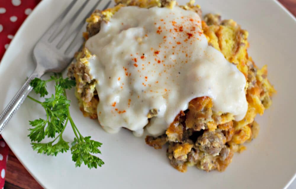 Overnight Croissant Breakfast Casserole with Easy Sausage Gravy