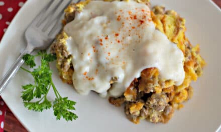 Overnight Croissant Breakfast Casserole with Easy Sausage Gravy