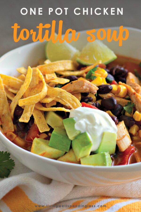 One-Pot Chicken Tortilla Soup | Hearty and Healthy in 30 Minutes Looking for a new hearty, healthy, delicious and quick-cooking soup? Look no further than this One-pot Chicken Tortilla soup crafted with ready-made ingredients. Just dump, set, and go! A warm and filling dinner for the whole family to enjoy for lunch or dinner. #soup #comfortfood #30minutemeal #wintersoup #hotsoup #crockpot #instantpot #30minutedinner #dinner #lunch