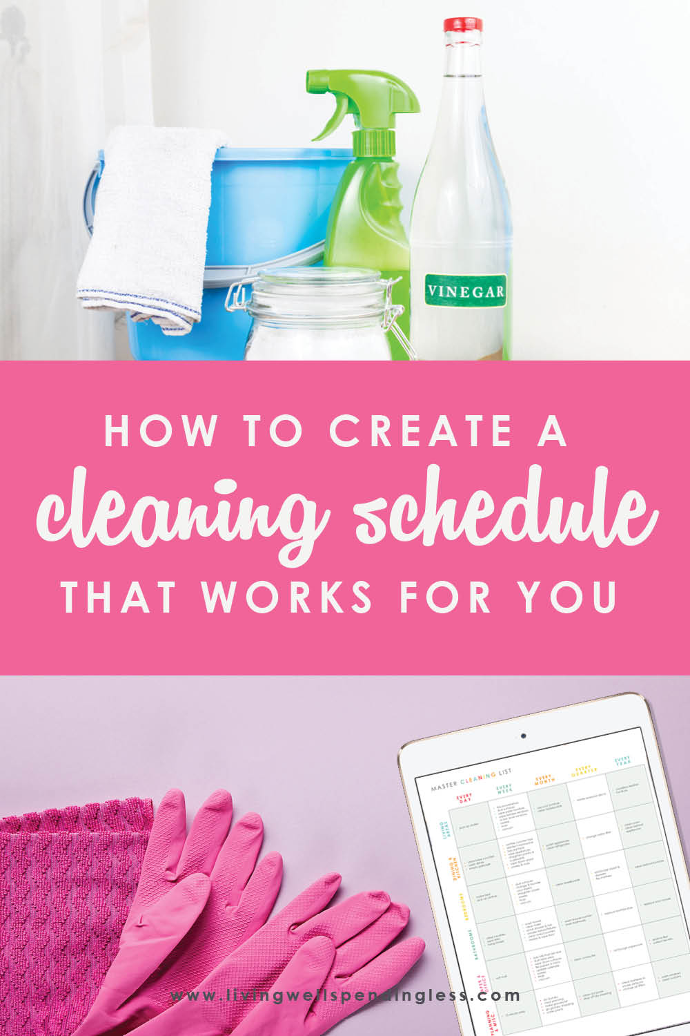 Want a clean house but have no idea where to begin? Believe it or not, a cleaning schedule can actually make keeping your house clean a whole lot easier! In just 3 easy steps, this super practical post will show you exactly how to create a personalized cleaning plan that will work for your own home. FREE DOWNLOADS included making it that much easier for you! #cleaningschedule #cleanhome #housecleaning #timemanagement #cleaning #cleaningplan #freeprintables #cleaningworksheets #cleaningchecklist
