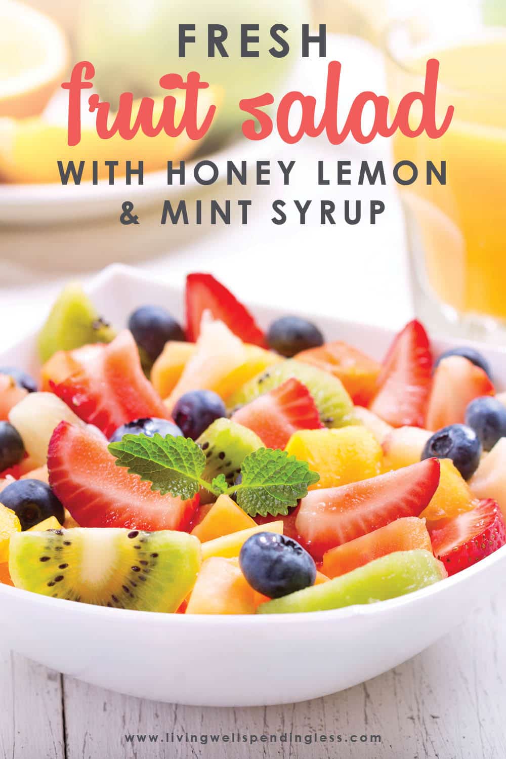 Looking for a healthy fruit recipe that's tasty too? This fruit salad with honey lemon-mint syrup is full of fresh flavors everyone will enjoy! Perfect for a summer picnic, carry-in, or for a weekday snack. #fruitsalad #fruit #healthyrecipes #healthydesserts #healthysnacks #healthypartyfoods #summer #summerrecipes #summerdesserts